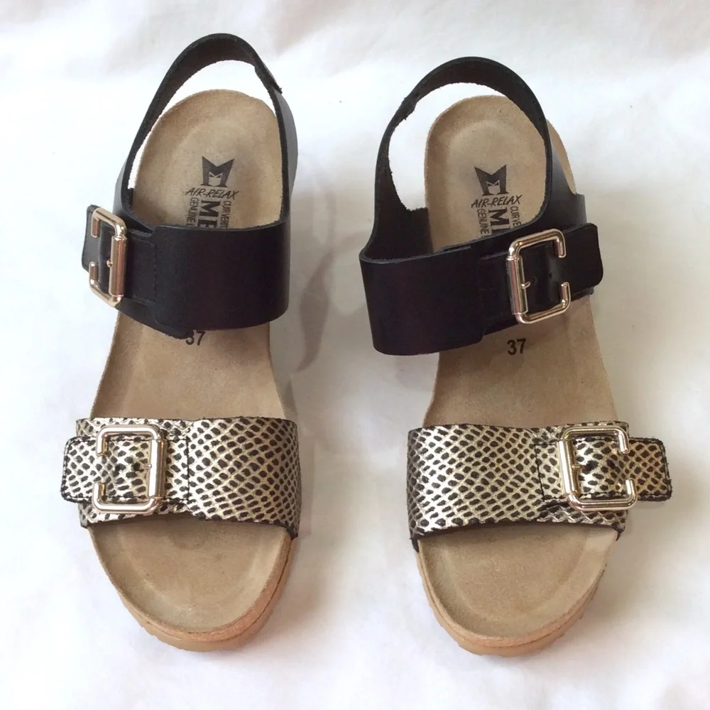 Mephisto Lissandra Black & Gold Comfort Wedge Sandals Size 37 US 7 Adjustable